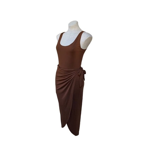 Reformation Kaila Dress in Chestnut Slim Wrap Around Midi Bodycon Dress Large - Picture 3 of 12